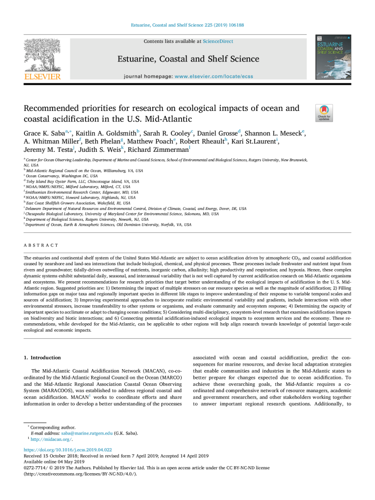 Recommended Priorities for Research on Ecological Impacts of Coastal and Ocean Acidification in the U.S. Mid-Atlantic PDF