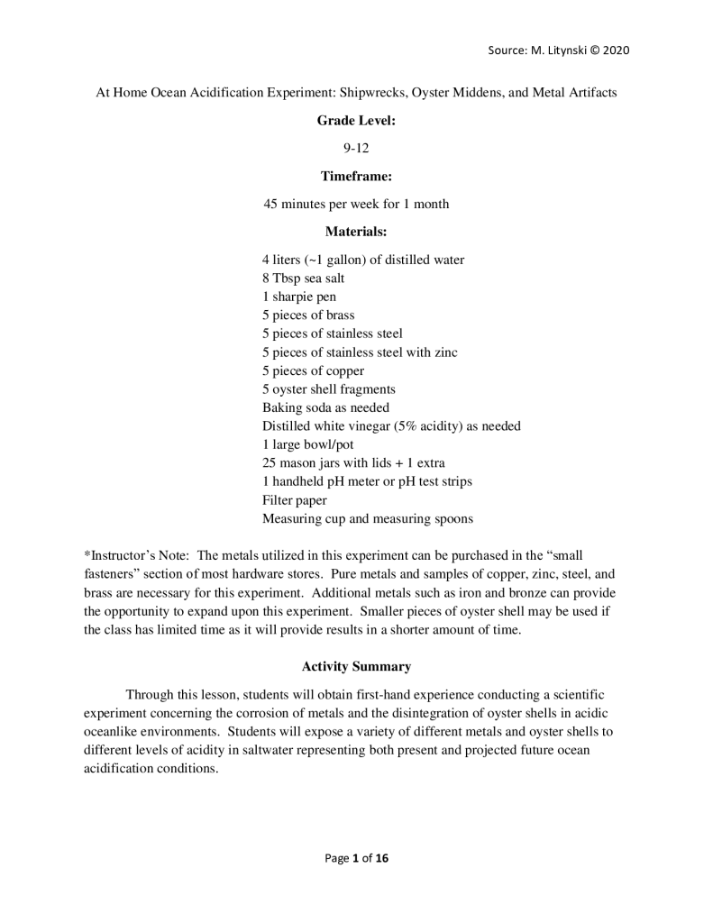 At Home Ocean Acidification Experiment: Shipwrecks, Oyster Middens, and Metal Artifacts PDF